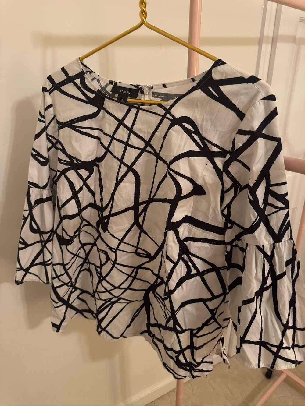 Alfani White Blouse with Black Abstract Scribble Print